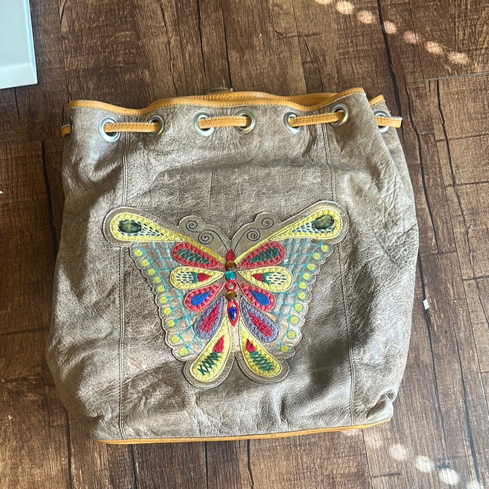 Consuela Embroidered Butterfly Tan Tote Bag